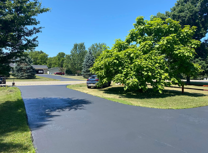 Sunny suburban driveway with a parked car, large green trees, and a house in the background