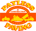 Payless Paving Construction logo with orange text and stylized road graphic