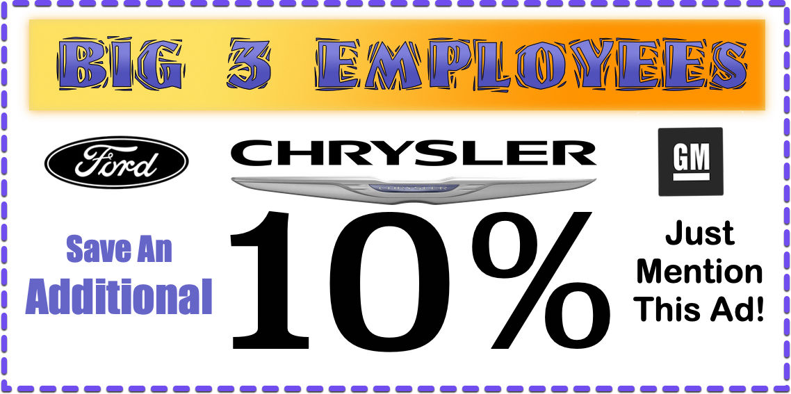 Big 5 employees sale ad: save an additional 10% on Ford, Chrysler, and GM brands