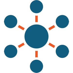 Blue hub-and-spoke network icon with six surrounding blue nodes connected by orange lines