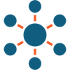 A blue circle with orange dots around it on a white background.
