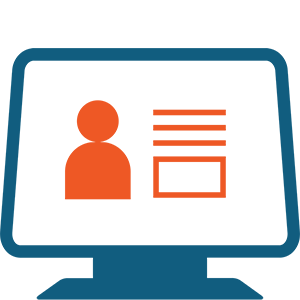 Blue computer monitor with orange profile and text lines icon on a white screen