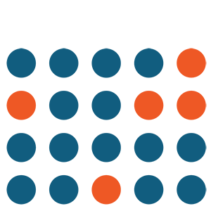 Grid of blue and orange dots on a white background, with several orange dots mixed among blue ones