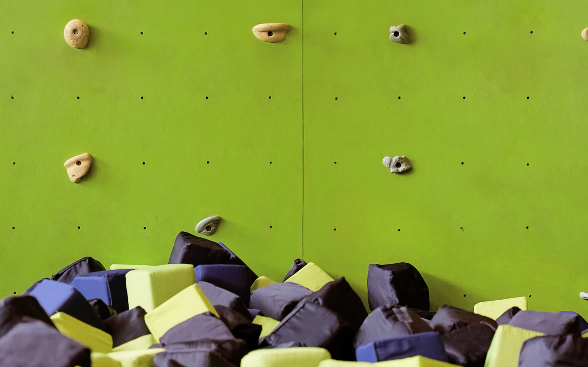A green climbing wall with foam cubes in front of it.