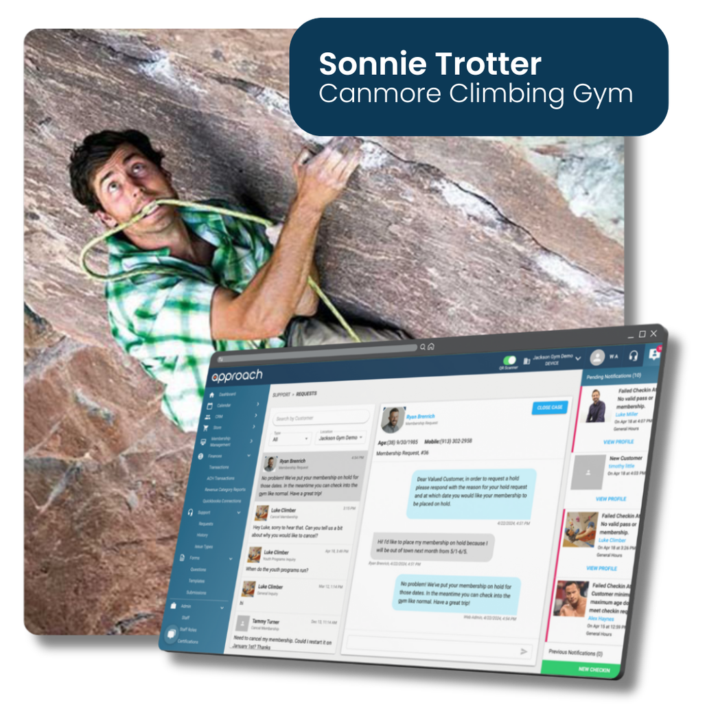Sonnie Trotter, climbing influencer, stands in a blue jacket behind a laptop.