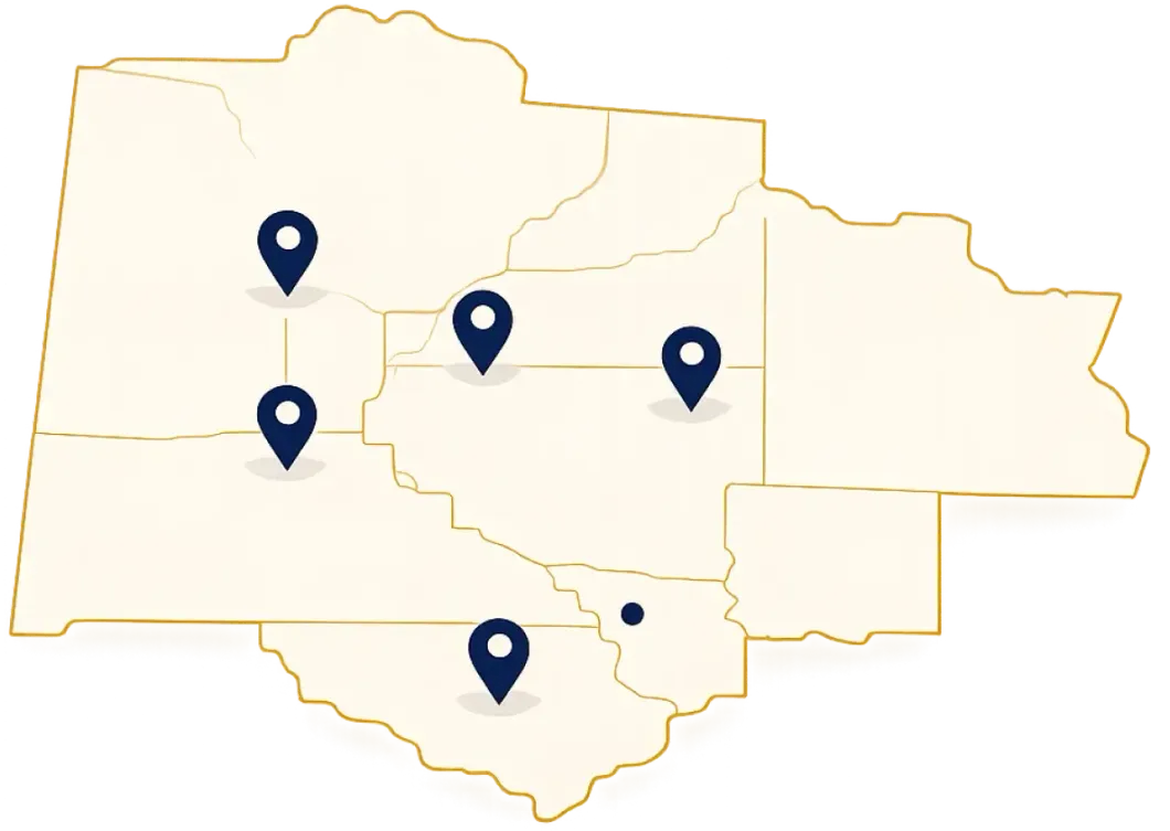 Map outline with five location pins marking points across different regions.