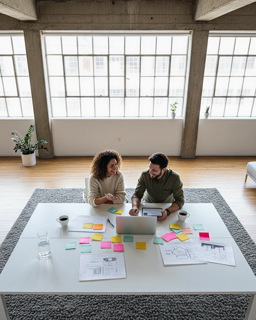 Two people collaborating at a table with sticky notes and papers in a bright loft office