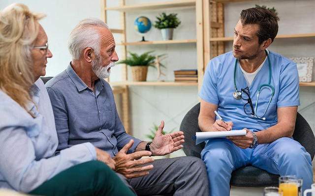 Patient speaking with doctor and partner during a home visit consultation.
