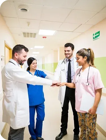 Hospital staff in a hallway stacking hands in a teamwork gesture, with doctors and nurses smiling.