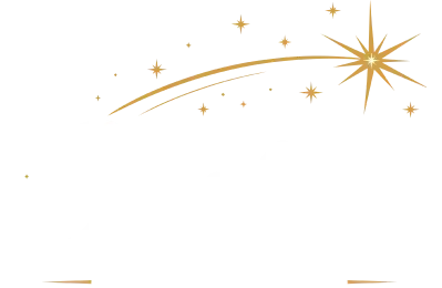 Gold shooting star with small sparkles on a white background