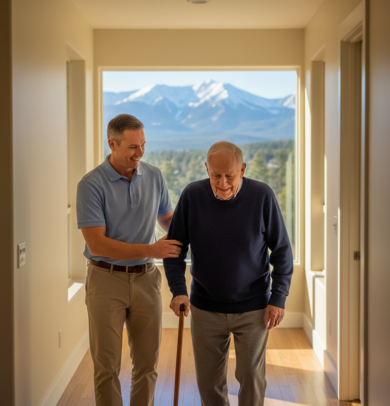 Man assisting a man with a cane in a bright hallway with mountain view through large windows