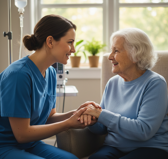 Nurse in blue scrubs holding hands with an elderly patient in a bright hospital room