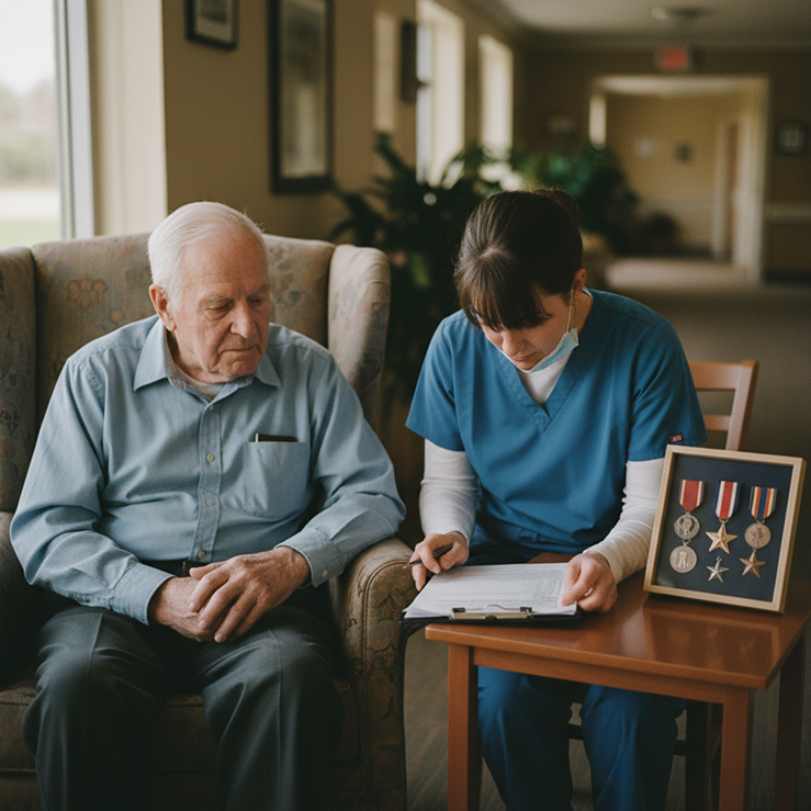 Care worker in blue scrubs writes beside an elderly man on a couch; medals displayed on a table nearby.