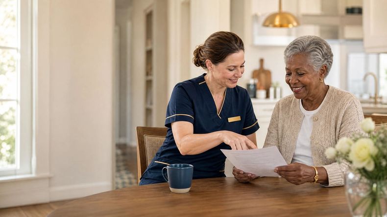 Caregiver in navy scrubs reviews paperwork with a smiling resident at a wooden table in a bright home.