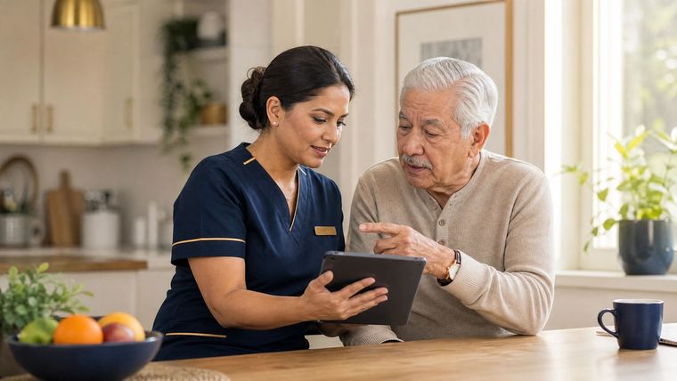 Two people reviewing a tablet in a bright kitchen, with fruit on the counter and a mug nearby.