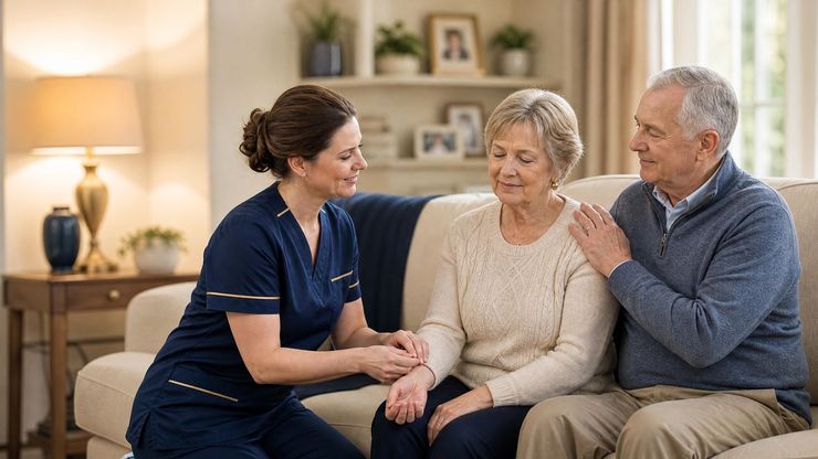 Caregiver talking with an elderly couple on a couch in a cozy living room