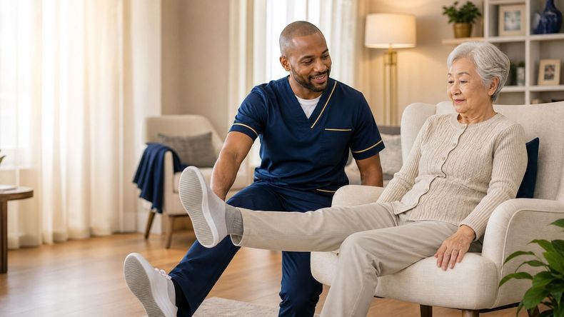 Caregiver assists elderly woman with leg exercise in a bright living room