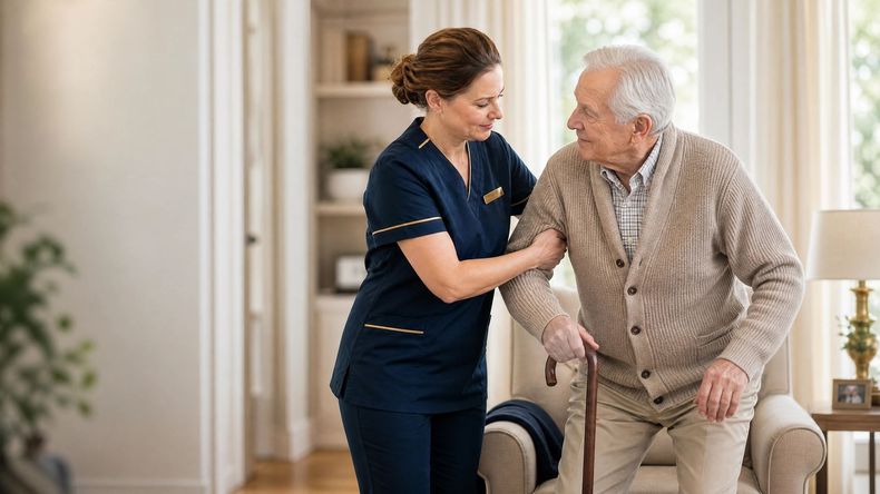 Caregiver helping an elderly man stand in a bright living room