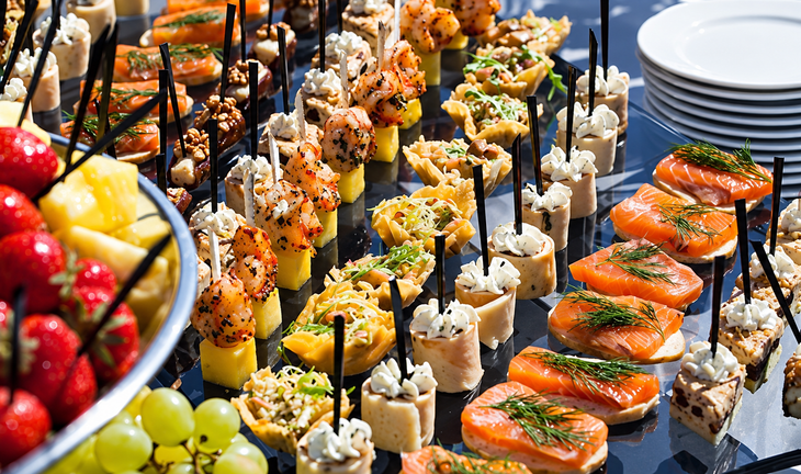 Assortiment de bouchées apéritives sur brochettes et de crackers présentés sur un plateau traiteur, accompagnés de fruits et de canapés au saumon.