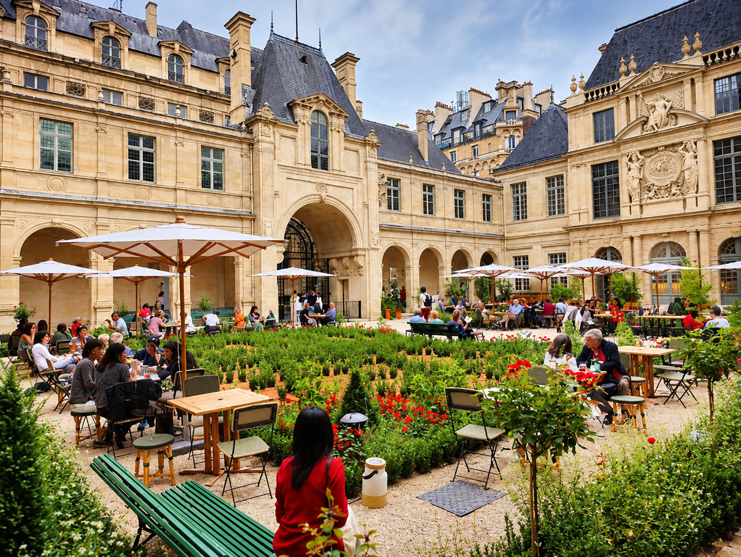 Café en plein air dans une grande cour pavée avec des clients attablés, des parasols rouges et des haies taillées au cordeau.