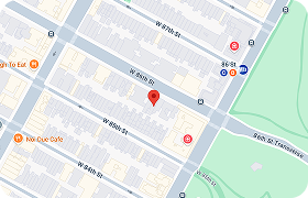 Map of streets in an urban area; a red location pin is in the center, near W 85th St. and Central Park.