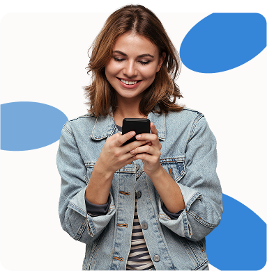 Woman smiling, looking at a smartphone. Wearing denim jacket. Blue design elements in background.