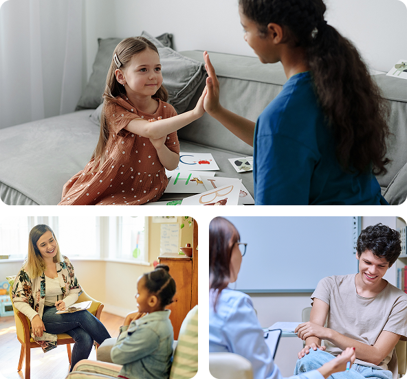 Therapist interacts with children in various settings: high-five, seated sessions, with drawings.