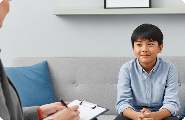 Boy sitting on a couch smiling, being interviewed by someone holding a clipboard.