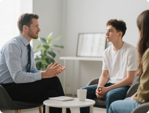 Therapist in a blue shirt talking to a young person in a white t-shirt, seated in a group session setting.