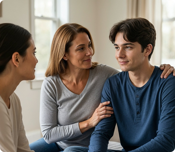 Woman comforts teen, another woman looks on; all indoors, natural light.
