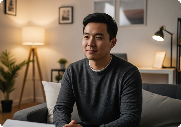 Man in gray sweater sitting on a couch, looking to the side. Lit living room background.