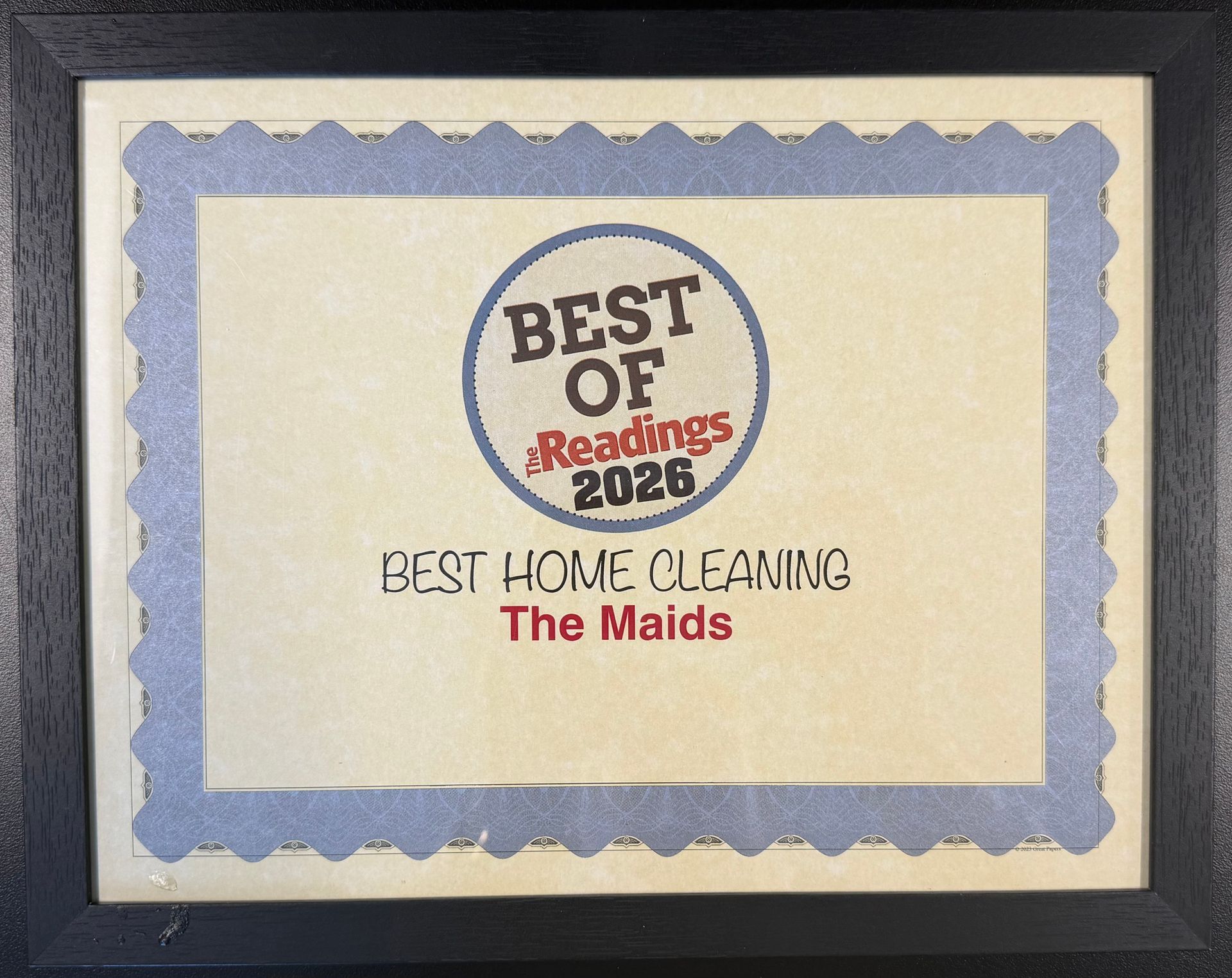 Framed “Best of Readings 2025” award for Best Home Cleaning, The Maids