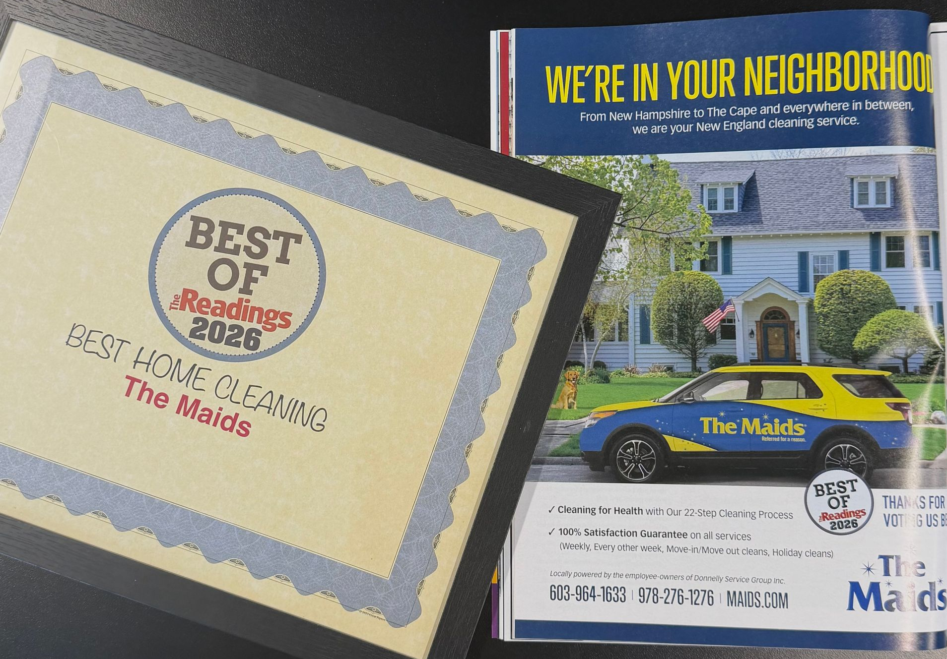 Two booklets on a dark surface, one cream “Best of” booklet and one colorful “We’re in your neighborhood!” guide.