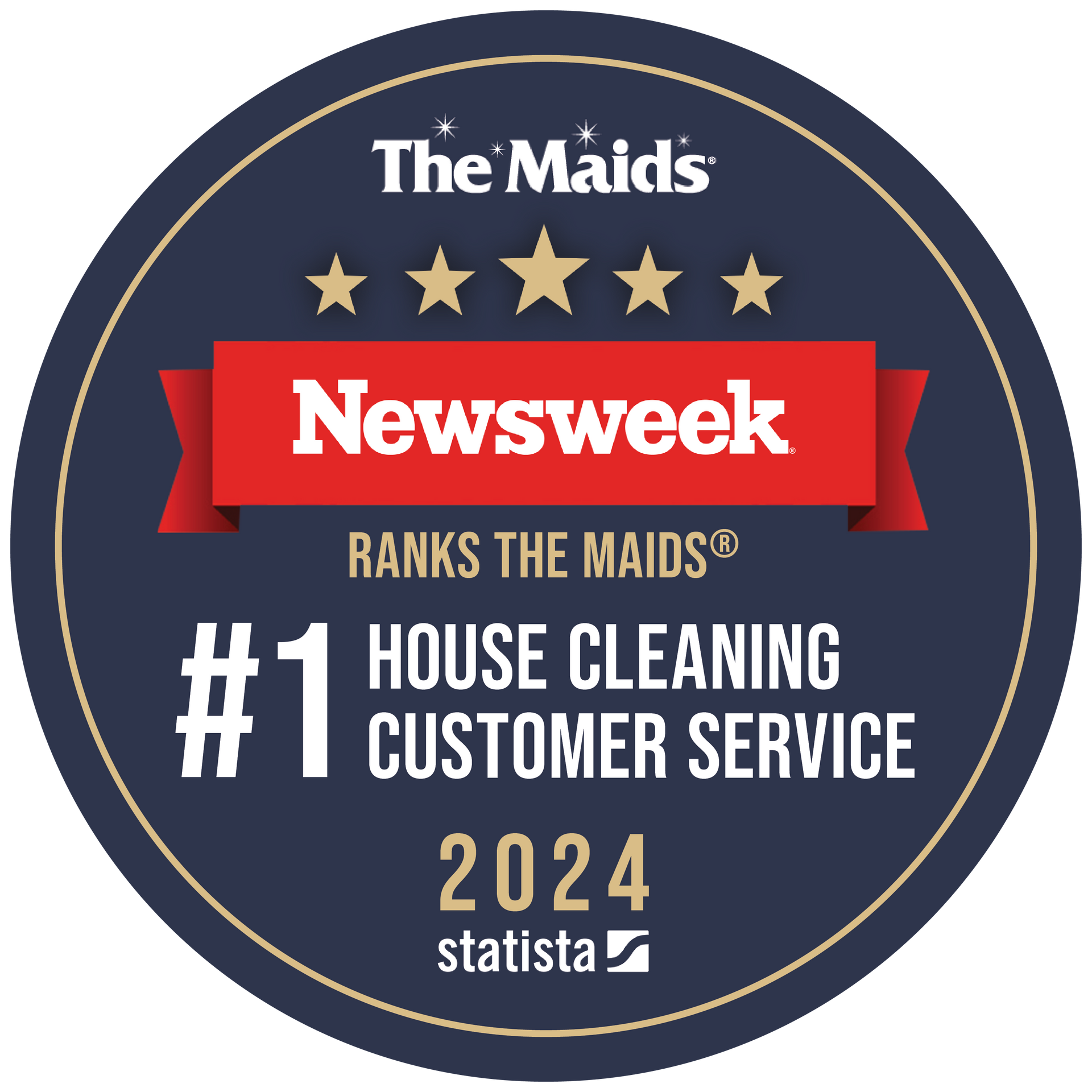 The Maids Newsweek badge: #1 house cleaning customer service, 2024 Statista logo on navy background
