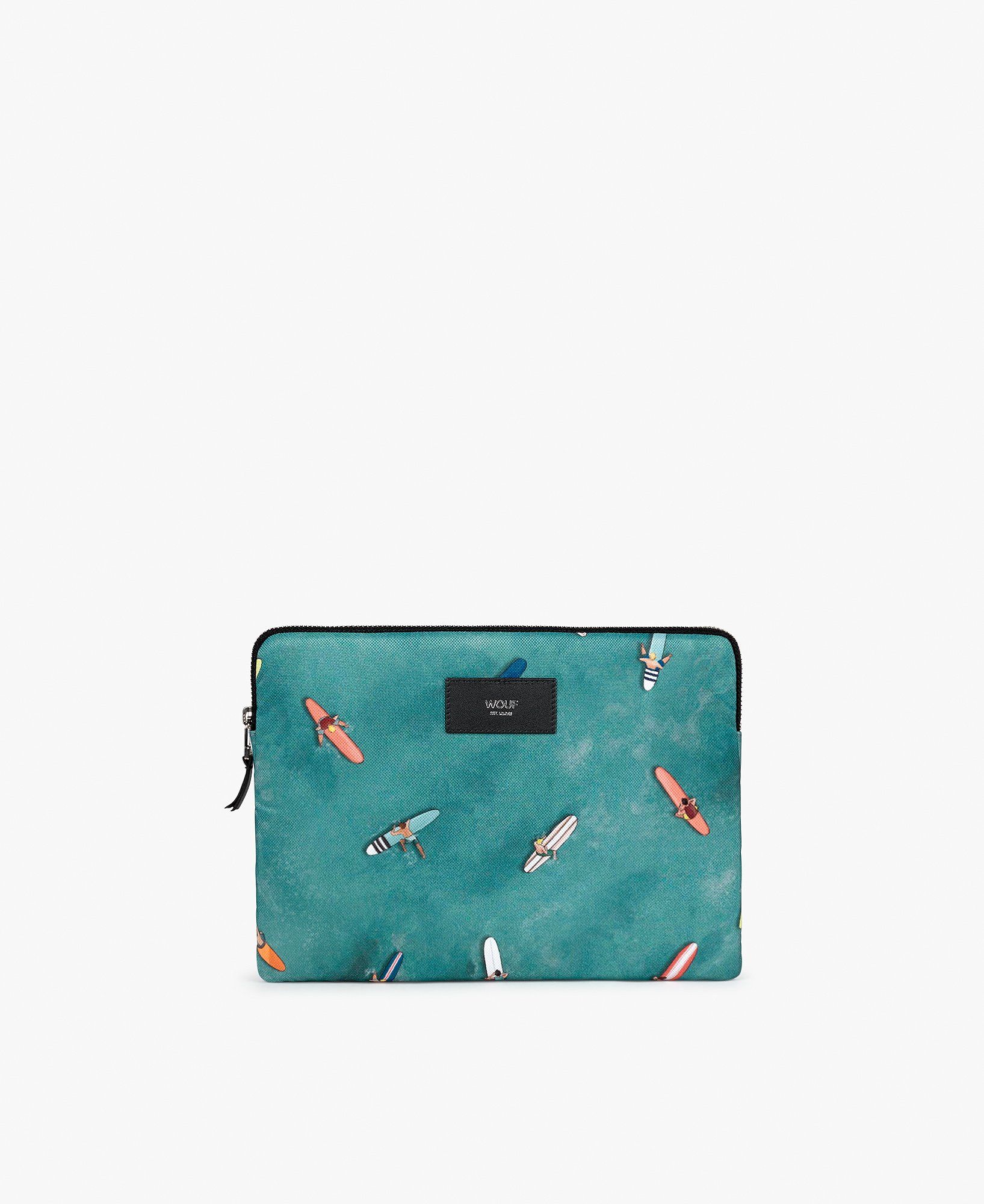 Eine Laptoptasche mit einem Surfbrettmuster darauf.