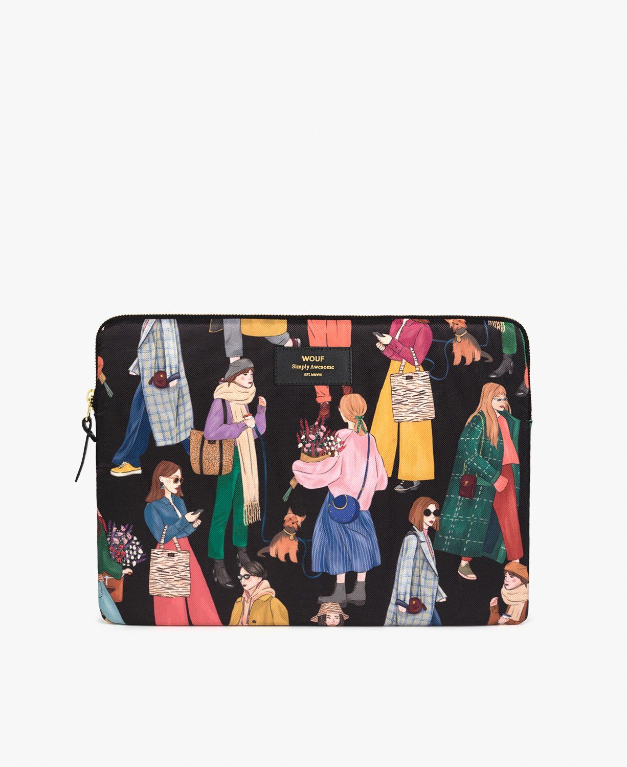 Eine schwarze Clutch mit einem Gemälde von Menschen darauf.