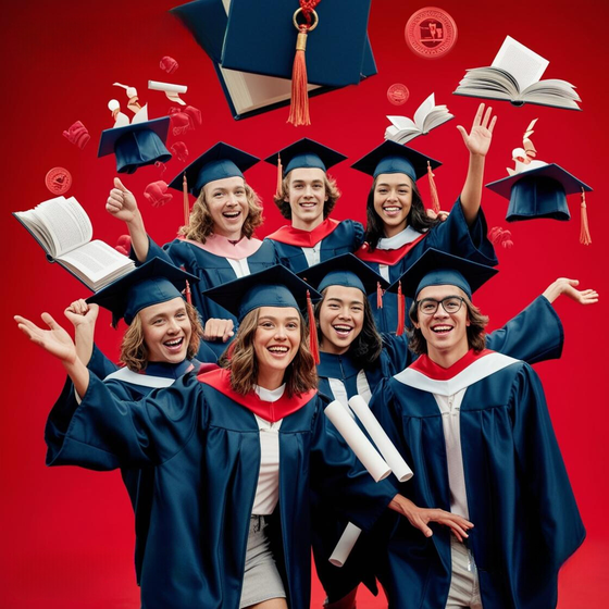 Group of smiling graduates in blue robes and caps against a red background, celebrating with books and mortarboards floating.
