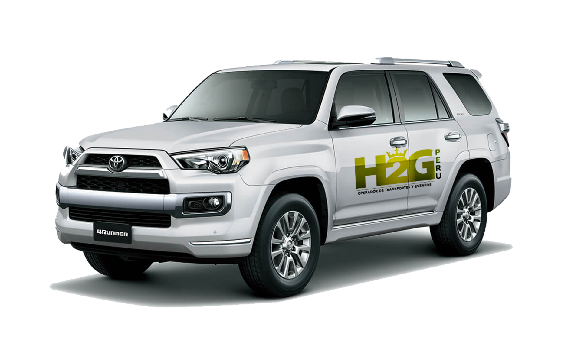 SUV Toyota plateado con el logotipo H2G en el lateral, aislado sobre un fondo blanco.