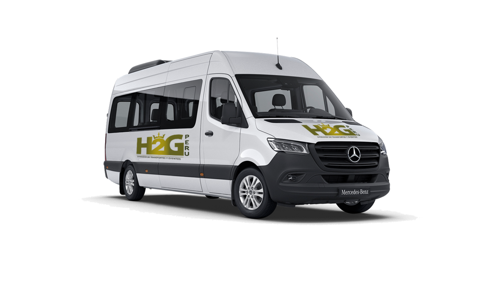 Furgoneta Mercedes blanca con el logotipo de HOG sobre fondo blanco.