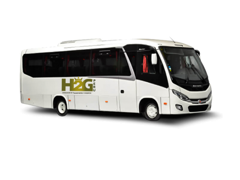Autobús de pasajeros blanco con ventanas tintadas y logotipo verde sobre un fondo liso.