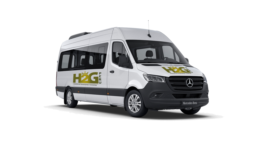 Furgoneta Mercedes blanca con el logotipo de H2G sobre un fondo liso.