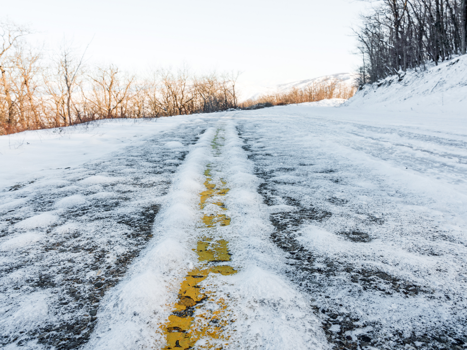 Snow-covered road with a yellow center line winding through bare winter trees