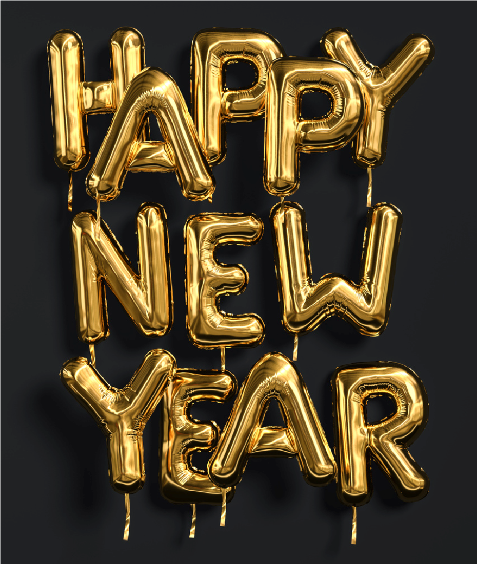 Gold balloon letters spelling “HAPPY NEW YEAR” on a black background