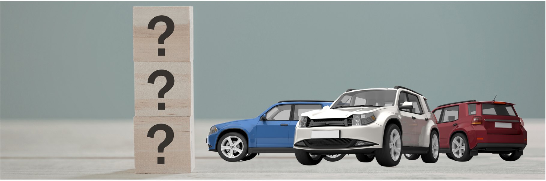Stack of question-mark blocks beside three parked cars in blue, white, and red