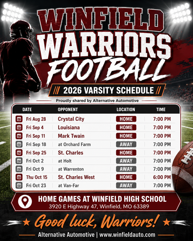 Winfield Warriors football 2026 varsity schedule poster with home game dates and times