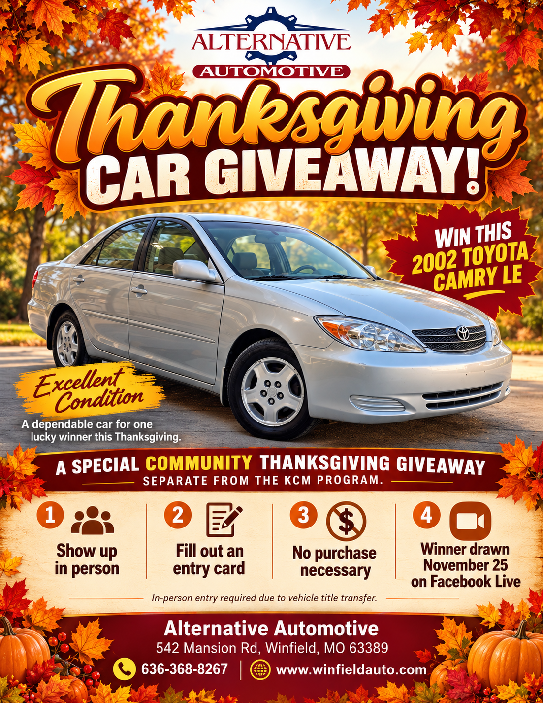 Thanksgiving car giveaway poster with a silver 2002 Toyota Camry LE and autumn leaves background.