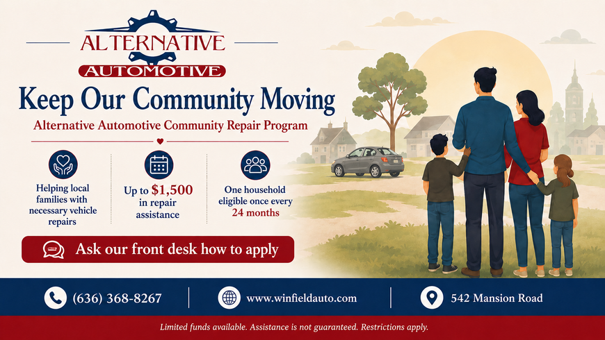 Community transit ad with blue title, van, rider icons, and people standing at sunset.