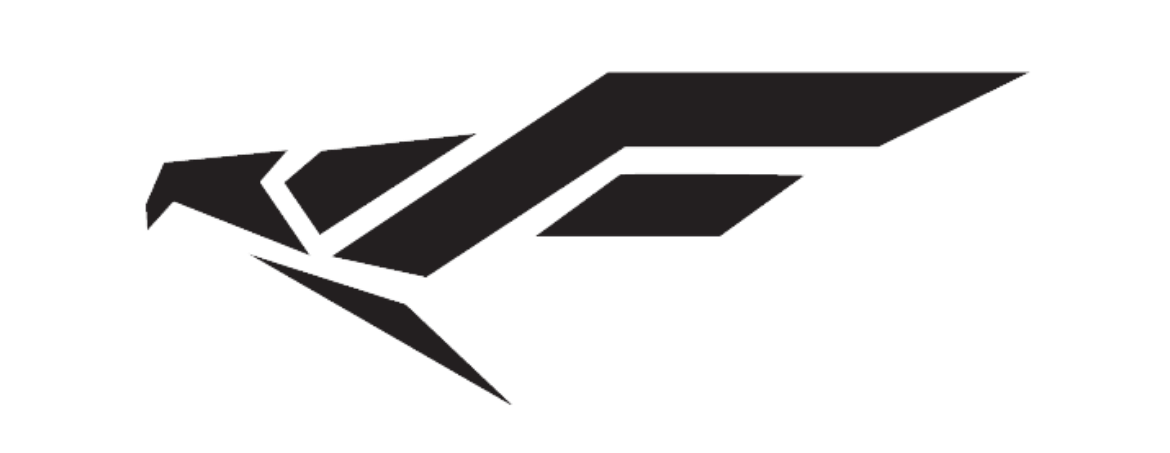 A black and white logo of a bird with a letter f on a white background.