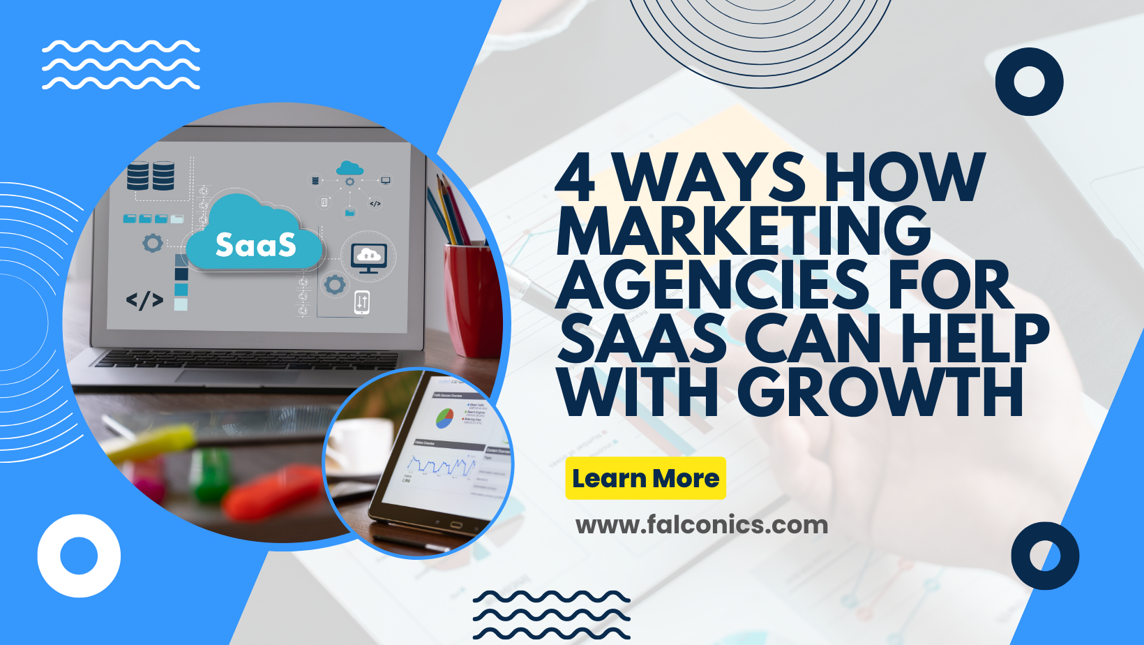 A blue and gray banner with the words `` 4 ways how marketing agencies for saas can help with growth ''