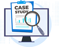 A computer monitor with a magnifying glass and a clipboard with a case study on it.